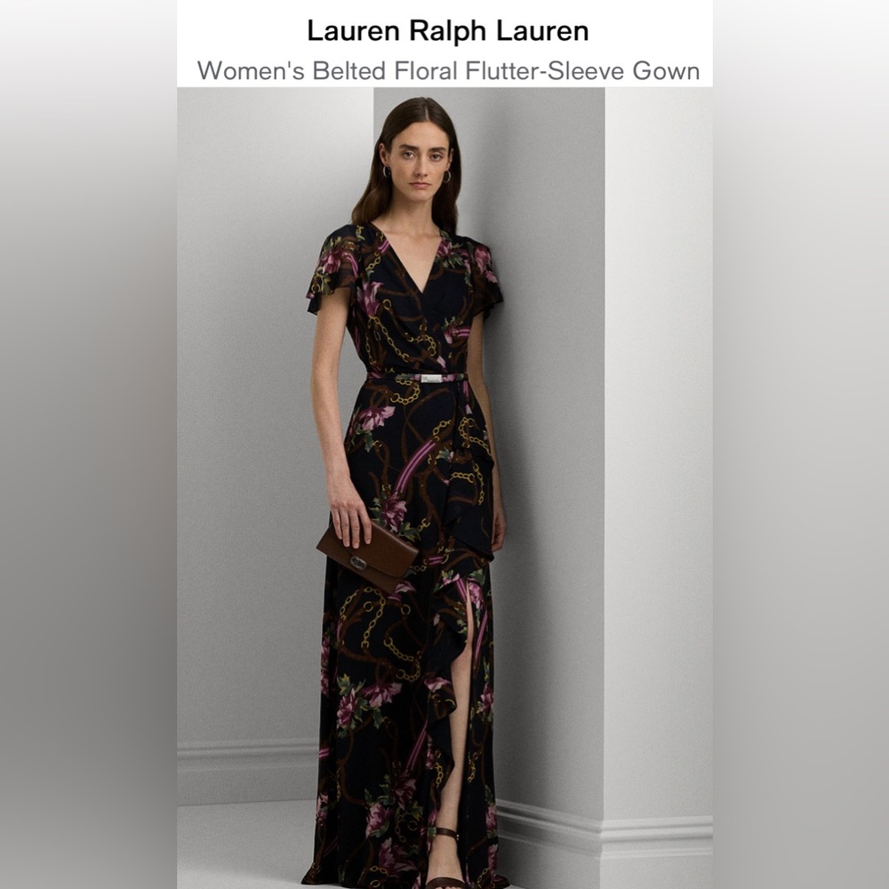 Lauren Ralph Lauren Women's Black Floral Flutter-Sleeve Gown, size 12